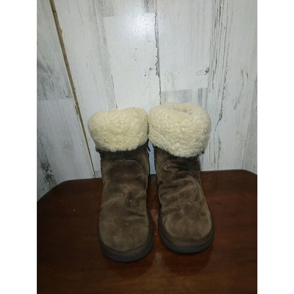 UGG Metro Tas Espresso Brown Suede Shearling Ankle Boots Fur Cuff Boots 7 5677